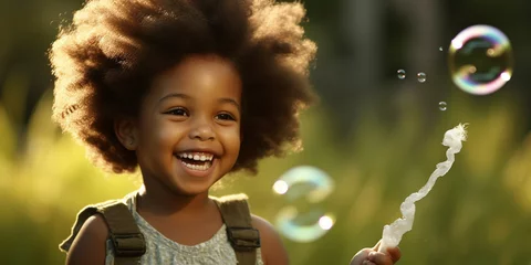 Fotobehang Afroamerikanisches Kind mit Seifenblasen und Afrolook auf der Wiese lachend mit Zähnen und hat viel Spaß, ai generativ © www.freund-foto.de