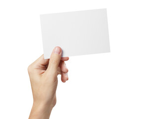 Fototapeta premium Male hand holding a blank card or a ticket/flyer, cut out