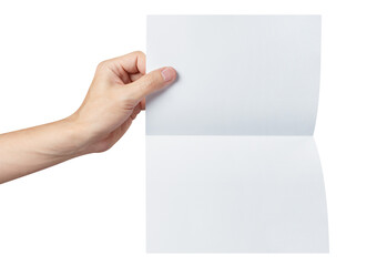 Fototapeta premium Hand holding a sheet of white paper, folded in half, cut out