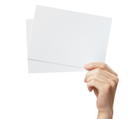 Hand holding two blank sheets of paper (tickets, flyers, invitations, coupons, banknotes, etc.), cut out