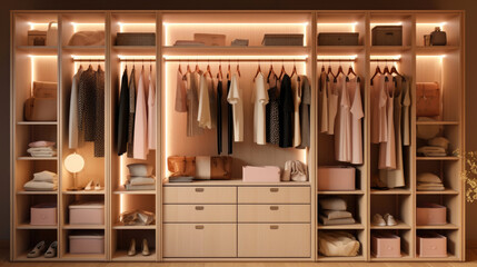 Illuminated and organized modern style wardrobe. Generative AI