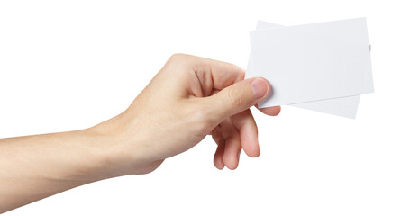 Hand holding two blank pieces of paper or plastic (tickets, flyers, invitations, coupons,...