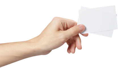Hand holding two blank pieces of paper or plastic (tickets, flyers, invitations, coupons, banknotes, etc.), cut out