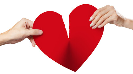 Male and female hands tearing a red heart symbol of love in half, cut out