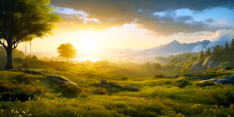 Fototapeta na wymiar sunrise in the mountains, wide field with flare light, generative ai