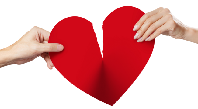 Male and female hands tearing a red heart symbol of love in half, cut out - Powered by Adobe