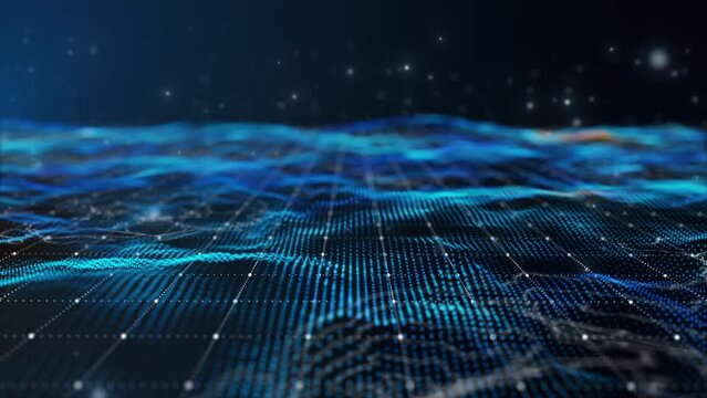 Futuristic flying over 3D blue digital landscape mountain terrain abstract technology background.
