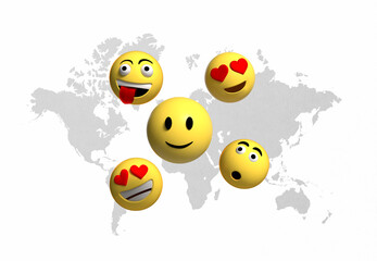 World Emoji Day Concept. Funny emojis On World Map Background