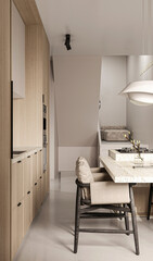 Elegant chic kitchen interior with natural materials. Wooden cabinet, ceiling, stone countertop and concrete floor. 3d rendering. High quality 3d illustration