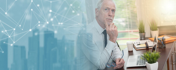 Portrait of thoughtful senior businessman; panoramic banner