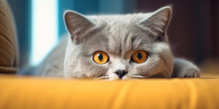 Süße Britisch Kurzhaar Katze Gesicht blickt in die Kamera Nahaufnahme, ai generativ