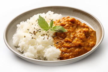 Delicious Plate of Indian Dal and Rice Isolated on a White Background.