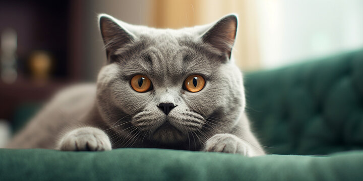 Süße Britisch Kurzhaar Katze Gesicht blickt in die Kamera Nahaufnahme, ai generativ