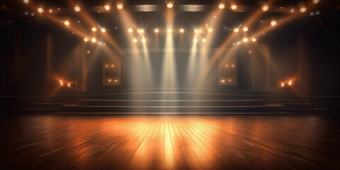 Empty nightclub or music-hall stage with spotlights. Generative AI