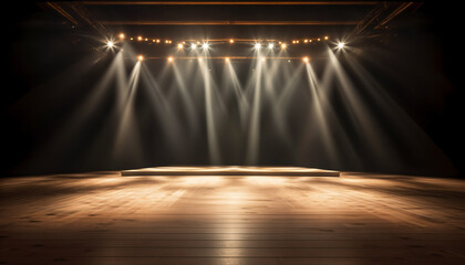 Empty nightclub or music-hall stage with spotlights. Generative AI