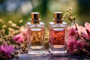 Obraz na płótnie Canvas Photo of two elegant perfume bottles on a table