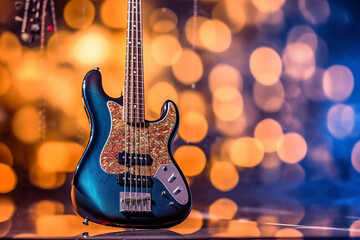 Obraz na płótnie Canvas Electric bass guitar with bokeh background Generative AI