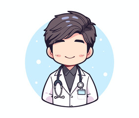 Featuring a simple background and a cute guy doctor character