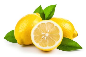 Fresh lemons with leaves isolated on white background ,Generative AI