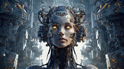 illustration of a futuristic robot with cybermatic system design character with glow light, idea concept for Artificial Intelligent , the future and development of Ai. Generative Ai