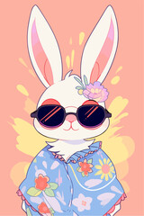 A cheerful rabbit bouncing around wearing heavy sunglasses