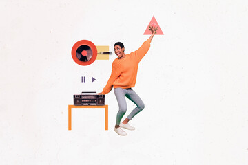 Collage image of excited cheerful person boombox vinyl record music dancing sing microphone...