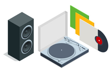 Fototapeta premium Isometric Vinyl LP record player isolated on white background Record player with vinyl disk