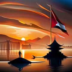 17 August. Indonesia Happy Independence Day . Waving indonesian ribbon / flags Patriotic Symbolic background illustration