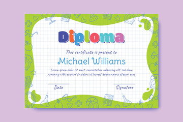 Diploma template for kids, certificate background with hand drawn school elements for kindergarten, school, preschool or playschool. Vector illustration