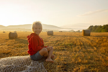 Sweet toddler child, boy, sitting on a haystack in field on sunrise