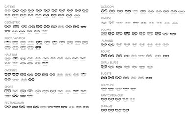 Set of different types of glasses - Rectangular Pilot, Round, Square, Cat Eye, Pantos, fashion accessory Browline, Clubmaster, Oval, Oversize, illustration Geometric Sport Bug, Almond Octagon, D-frame