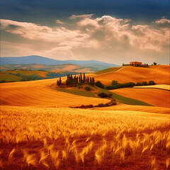 Tuscany summer landscape, cereal fields on a cloudy day.