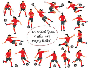 18 isolated figures of asian women's football teem girl players in various poses in red T-shirts