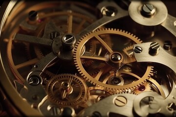 Precise Timekeeping: Intricate Gears and Cogs in a Clockwork Watch Mechanism, Gears, cogs, clockwork, watch, mechanism, timepiece, timekeeping, engineering, precision, mechanical,