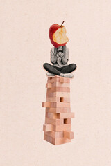 Vertical collage of black white effect mini girl sit jenga blocks use smart phone big bitten apple...