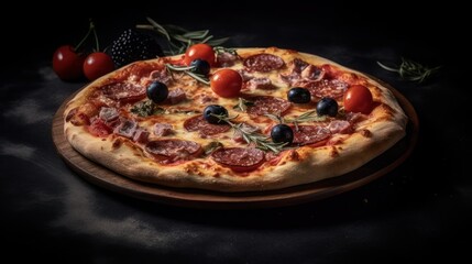 Pizza with chicken, mushrooms and cheese on a wooden board ,Generative AI