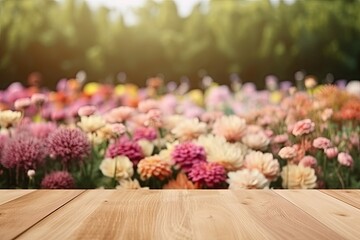 Wooden Board Table Top with Empty Space and Blurred Flower Garden Background. Product Display Mockup