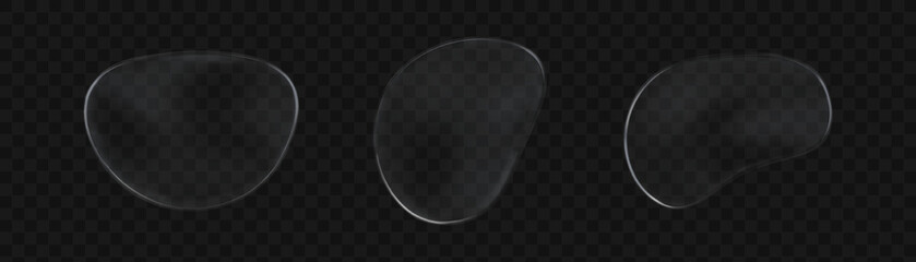 3d abstract blob shape of transparent clear glass. Digital shiny and glossy round surface. Fluid blank plate woth condensation figure illustration design. Realistic purity drip graphic effect.