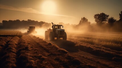 Fototapeta premium Tractors working on a wheat field at sunrise. Tractor in the field ,Generative AI
