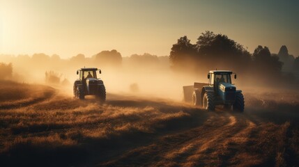 Fototapeta premium Tractors working on a wheat field at sunrise. Tractor in the field ,Generative AI