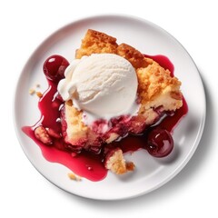 Delicious Plate of Cherry Cobbler and Vanilla Ice Cream Isolated on a White Background.