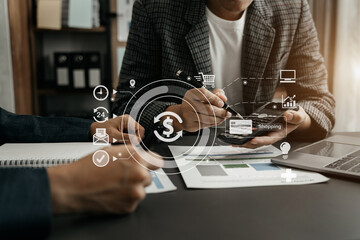 Business people discussing on performance revenue in meeting. businessman working with co-worker team. financial adviser analyzing data with investor at home office.