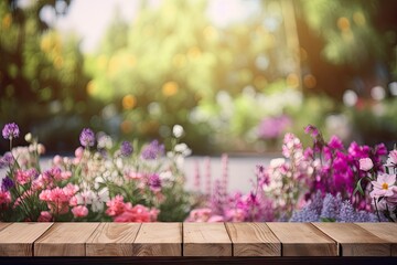 Fototapeta na wymiar Wooden Board Table Top with Empty Space and Blurred Flower Garden Background. Product Display Mockup