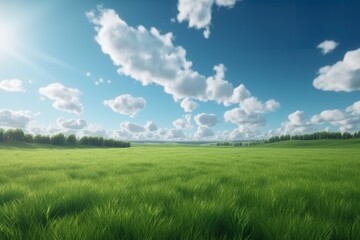 Fototapeta na wymiar Nature's Canvas: Green Grass Field with Blue Sky and White Clouds, green grass field, blue sky, white clouds, nature, landscape, outdoor, scenic, natural beauty, serene, peaceful,