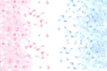 Banner pink blue party confetti. Hand drawn watercolor illustration isolated on white background. For gender reveal party, baby shower, children's holiday
