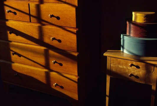 Shaker furniture in sunlight; Hancock, Massachusetts, United States of America