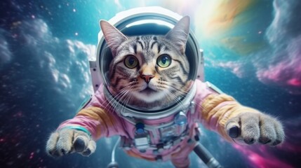 The astronaut cat soars through a vast galaxy. Exploring the wonders of space. Generative AI