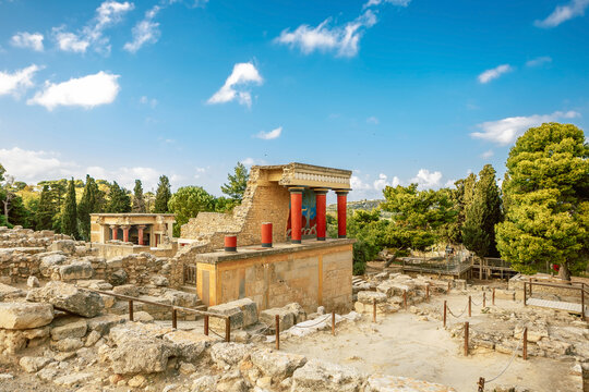 The North Entrance of the Palace with charging bull fresco in Knossos at Crete, Greece