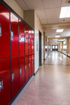 hallway and lockers in a recently renovated and upgraded rural high school; Namao, Alberta, Canada