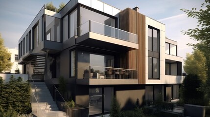 Amazing Shot of a Cubic Style Modern and Luxury House, Expensive house in the middle of the Vegetation. Generative AI